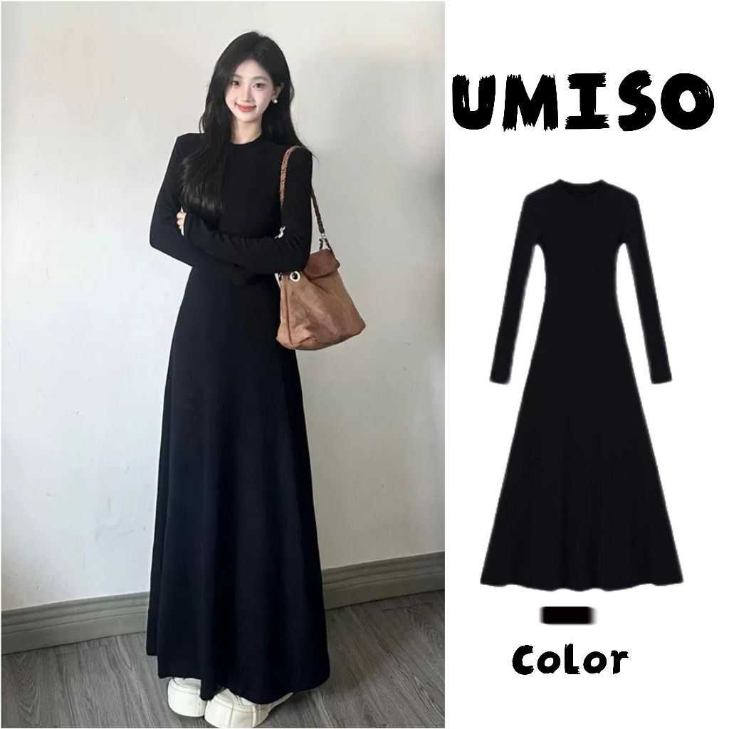 UMISO ชุดเดรสยาวสีดำของผู้หญิง สไตล์เฮปเบิร์น ชุดเดรสสีดำเซ็กซี่สไตล์เกาหลี แฟชั่นย้อนยุค ชุดเดรสสีดำเ ซ็กซี่สไตล์เก