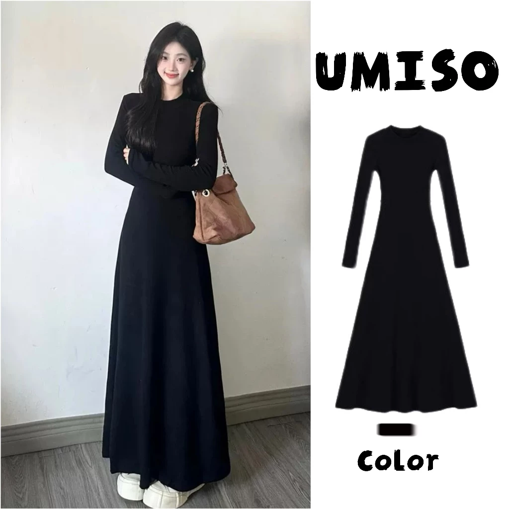 UMISO ชุดเดรสยาวสีดำของผู้หญิง สไตล์เฮปเบิร์น ชุดเดรสสีดำเซ็กซี่สไตล์เกาหลี แฟชั่นย้อนยุค ชุดเดรสสีดำเ ซ็กซี่สไตล์เก