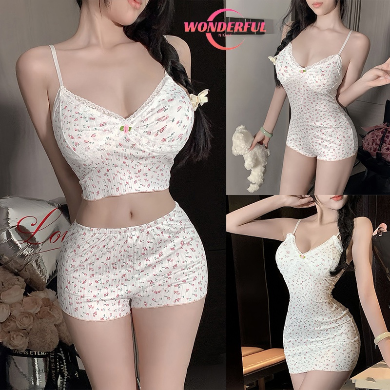 Wonderful Night ลายดอกไม้ ชุดนอน ชุดนอนผู้หญิง ลูกไม้เซ็กซี่ พร้อมแผ่นรองหน้าอก ใส่นอนสายสปาเก็ตตี้