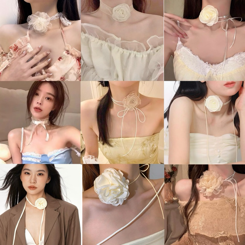 ส่งจากไทย รวมโชคเกอร์คอสีเบจ ลุคคุณหนูแบ๊วๆ สร้อยคอสีเบจ สร้อยคอสีครีม สร้อยคอดอกไม้