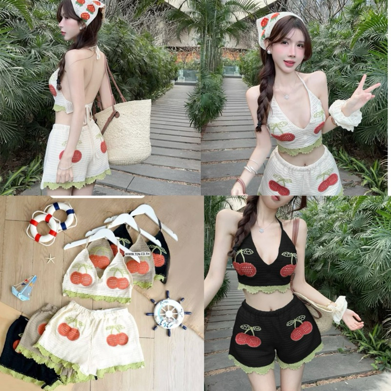 ชุดเซ็ต 2 ชิ้น ไหมพรมปักเชอร์รี่ น่ารักมาก ใส่ไปทะเล