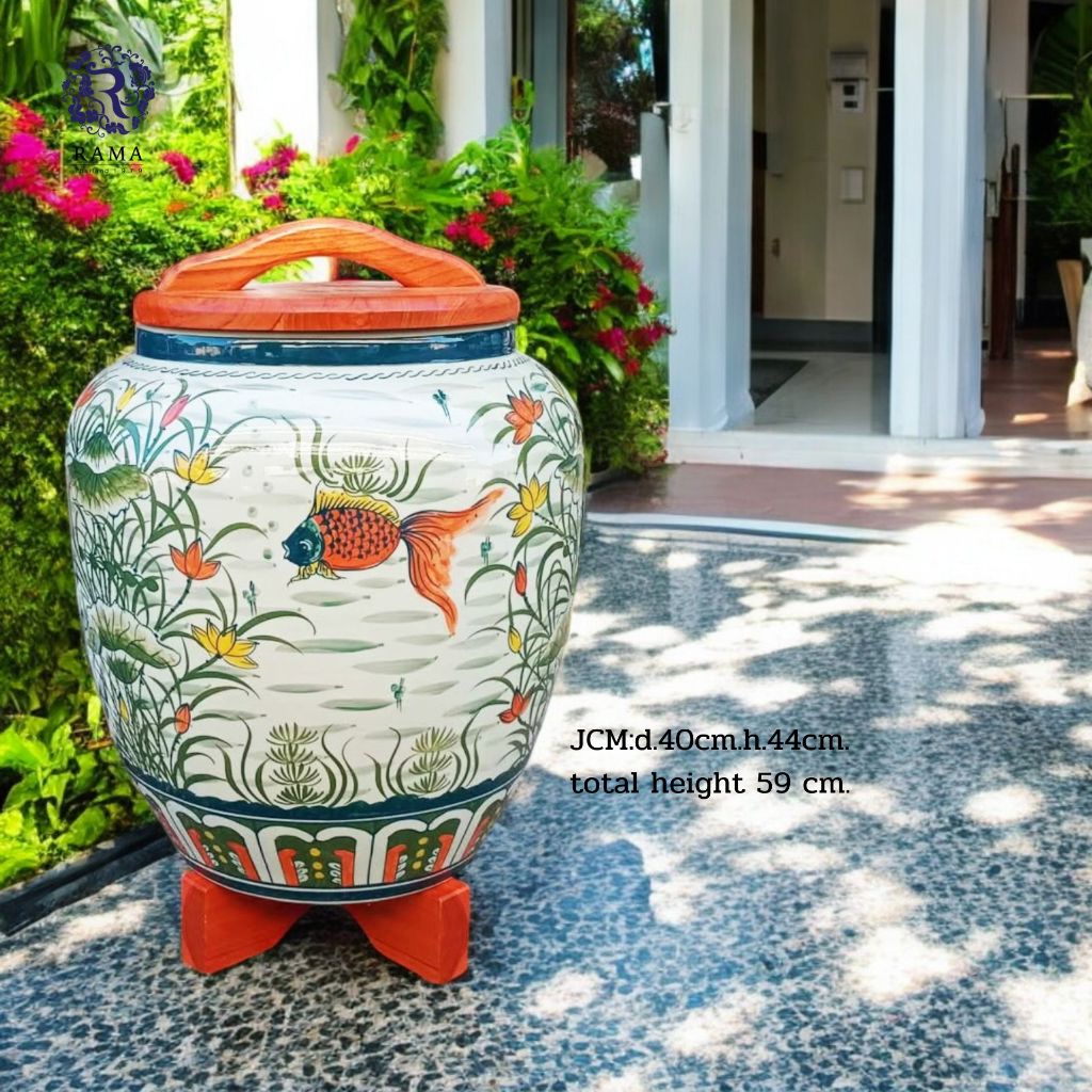 รามาเซรามิค  โอ่งเซรามิคพร้อมฐานตั้งและฝาไม้สักลายปลาทอง