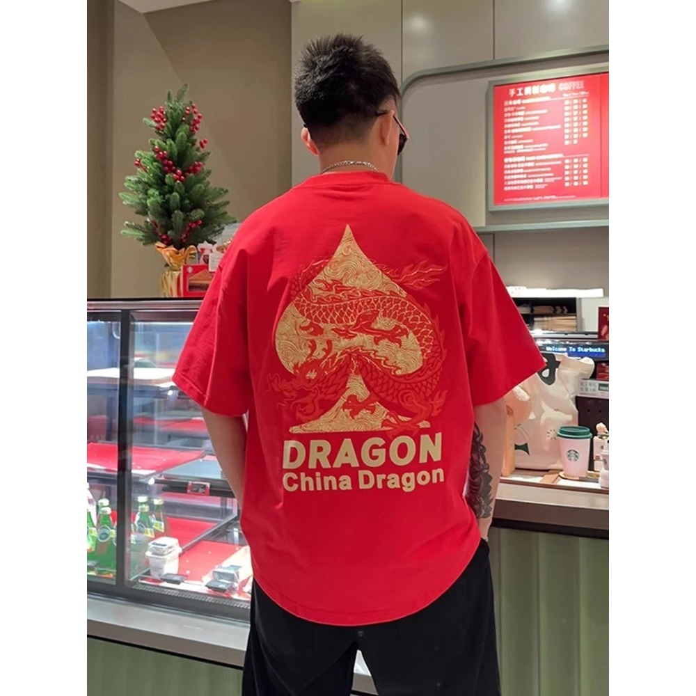 เสื้อยืดแขนสั้นลาย faucet สไตล์จีนสำหรับผู้ชายปี 2025 เสื้อผ้าแบรนด์อินเทรนด์ใหม่ครึ่งแขน