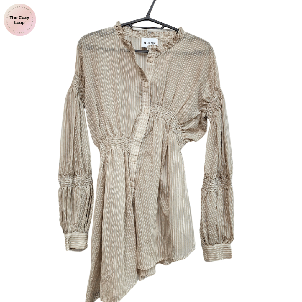 QUINN เสื้อผ้ามือสอง สภาพดี✨ เสื้อเชิ้ตผู้หญิง แขนยาว ผ้าซีทรู ลายทาง แขนสม็อค