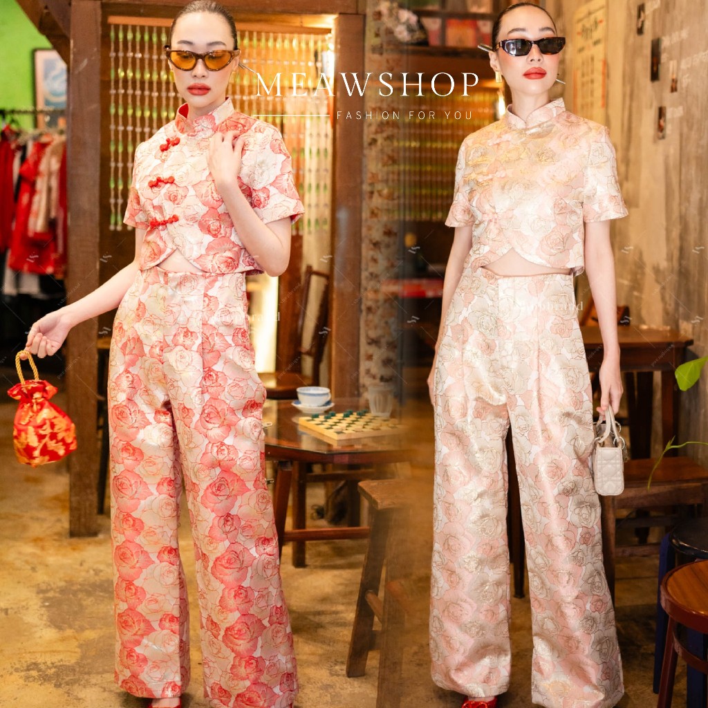 S-XL Set กี่เพ้าเสื้อครอปลายดอกกระดุมเฉียง+กางเกงขายาว  ชุดกี่เพ้า คอจีน ใส่ตรุษจีน ปีใหญ่จีน ชุดรับ