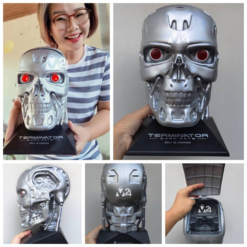 (1 ใบ) ถังป๊อปคอร์นคนเหล็ก มีไฟ ถังป๊อบคอร์น คนเหล็ก ของสะสมโรงหนัง terminator T-800 bucket m24