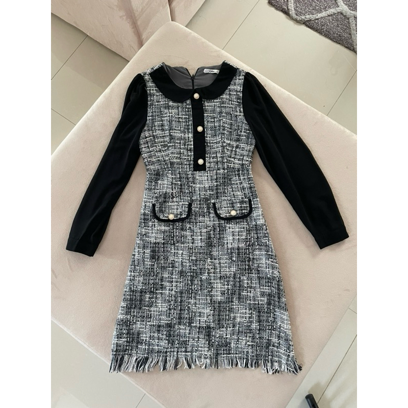 [มือสอง] เดรสทำงาน สีดำแขนยาวผ้าทวีด Kalisa brand 💅🏻✨