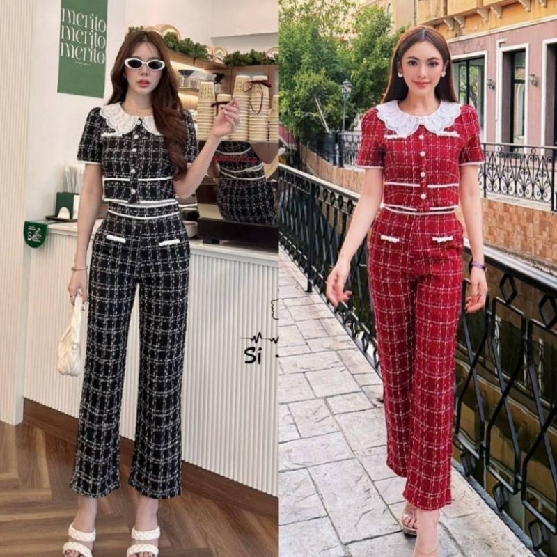 ชุดเซ็ททวิต เสื้อ+กางเกง สวยน่ารัก2สี แดง ดำ