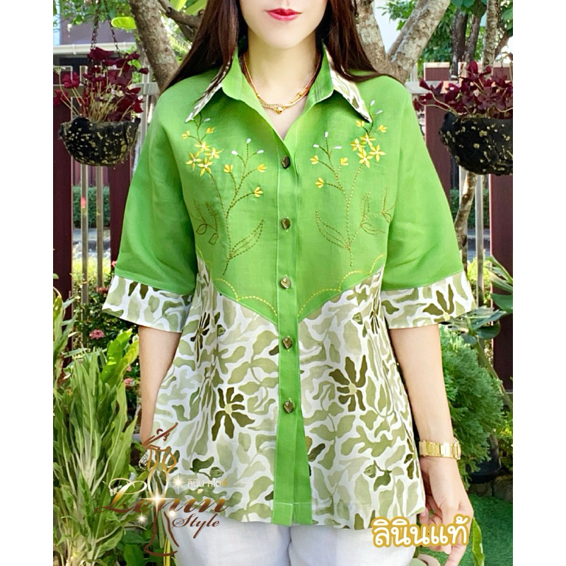 เสื้อลินินคอปก ลายดอกไม้ ใส่สวยสดใส