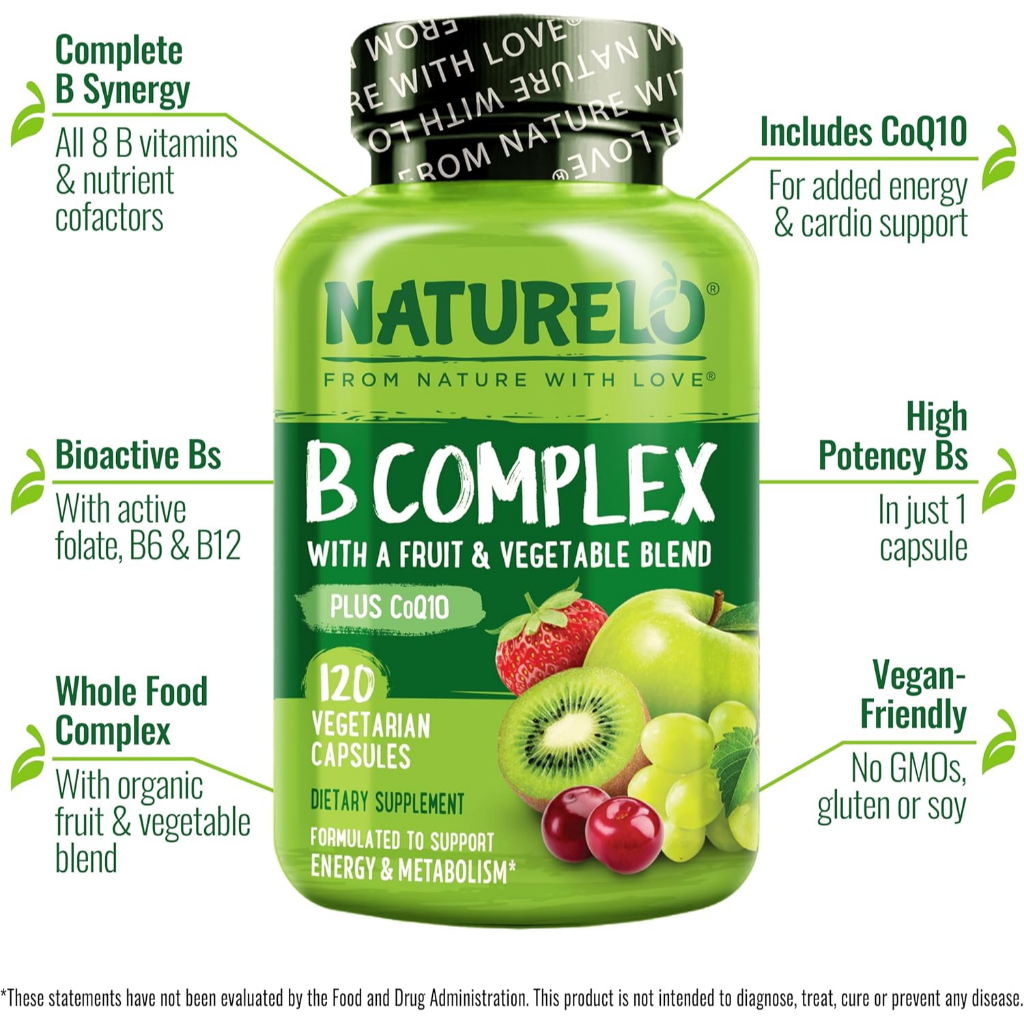 NATURELO, B Complex with a Fruit & Vegetable Blend, Plus CoQ10, 120 Vegetarian Capsules ราคา ถูกที่สุด ดีลบีเคเค แกลเลอรีภาพที่ 4