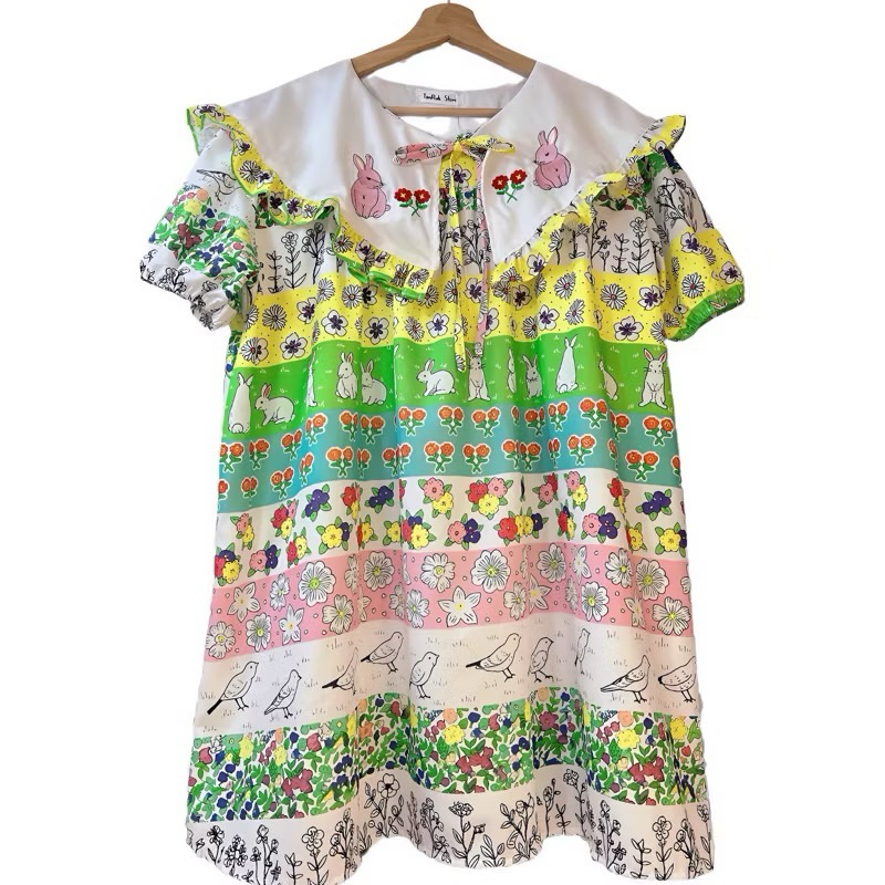 💚พร้อมส่ง💚 Sirin studio เดรสลายดอกไม้แขนตุ๊กตาปักกระต่ายคอปก