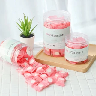 ผ้าขนหนูอัดเม็ด ผ้าเช็ดหน้า สุ่มสี ชมพูและแดง