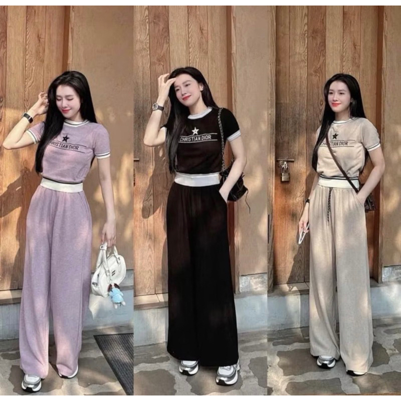 Set Di… ผ้ายืดนิ่ม เสื้อแต่งขอบแขนสั้น+กางเกงขายาว มี3สี สวยมากกก