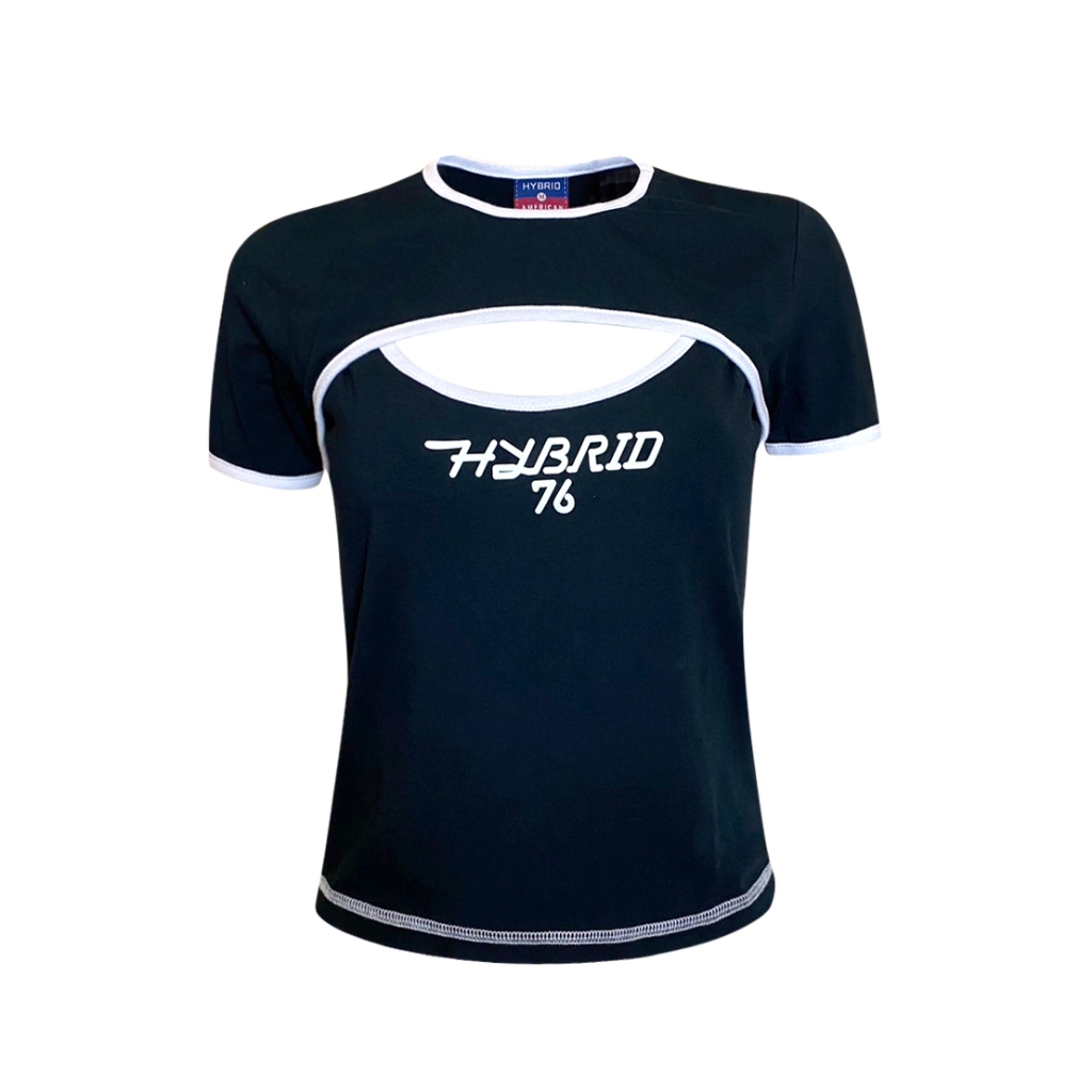 Hybrid Crop Top ไฮเสื้อยืดผู้หญิงทรงครอป สีดำ (Black) WTS-1050-BL เสื้อสตรีท เสื้อคอตตอน ครอปรัดรูป 