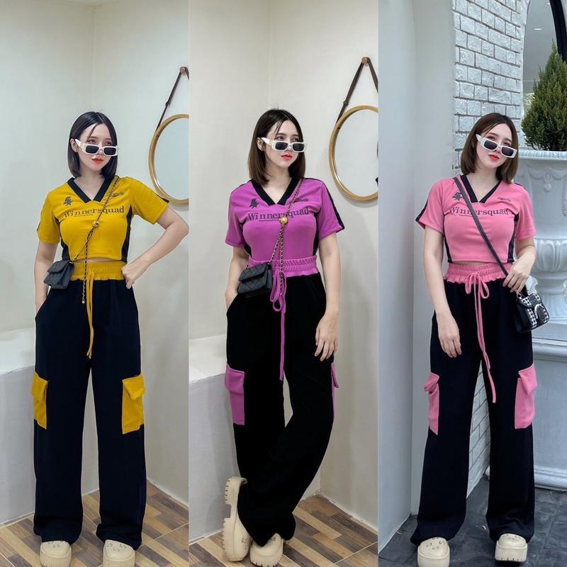 F3 ชุดเซ็ตเสื้อกีฬางานฮิต+กางเกงขายาวคาโก้ มีหลายสีให้เลือก