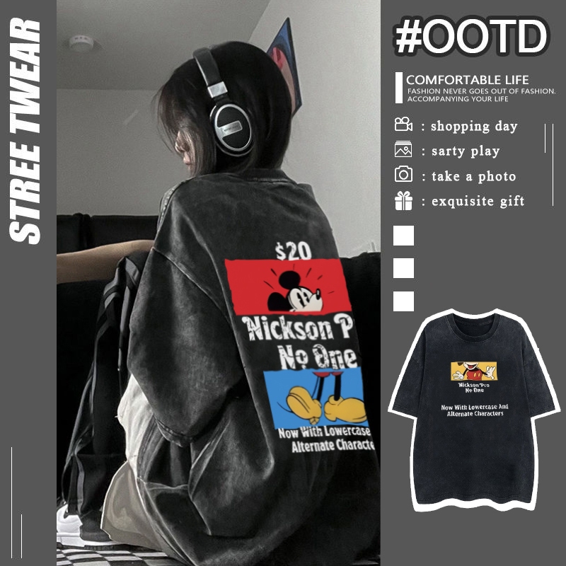เสื้อฟอกวินเทจชายและหญิง ผ้าคอตตอน 100% oversize เสื้อยืดการ์ตูน มิกกี้เมาส์ เสื้อผ้าแฟชั่นเกาหลี เสื้อผ้าวัยรุ่น ฮิปฮอป