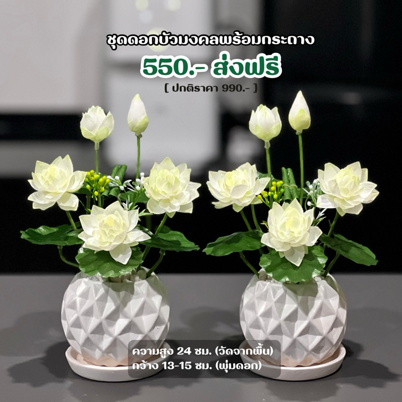 ชุดดอกบัวมงคล (1 คู่) จัดเรียบร้อยสวยสมจริง สำหรับถวายพระ บูชาสิ่งศักดิ์สิทธิ์ที่เคารพนับถือ หรือประดับตกแต่งหิ้งพระ