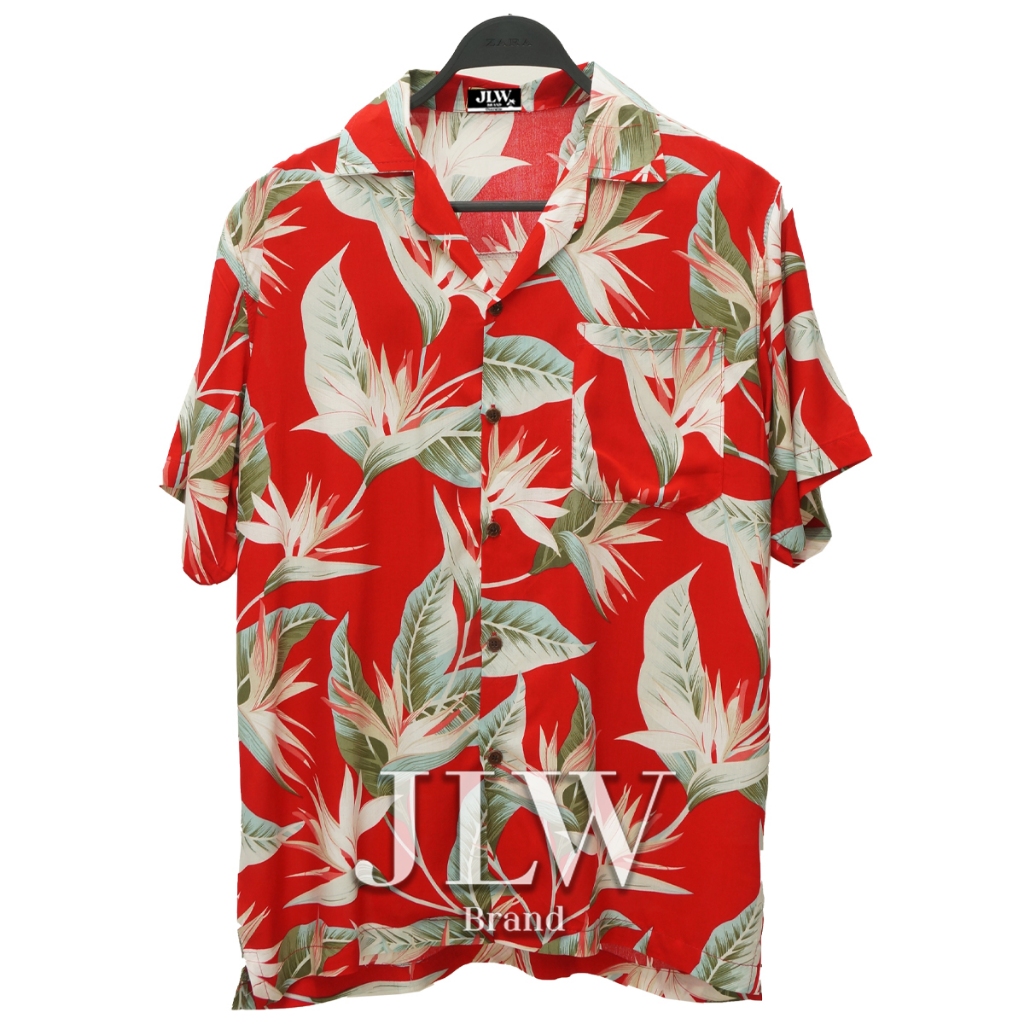 เสื้อฮาวาย ลายดอกดาหลา แดง ผ้านิ่ม M L XL Oversize คอฮาวาย JLW BRAND