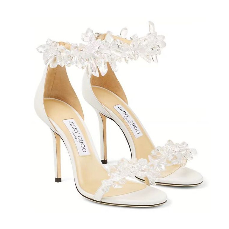 👠Jimmy Choo ระดับไฮเอนด์ leather จี้คริสตัลอัญมณี รองเท้าส้นสูง beautiful heels 10cm พร้อมอุปกรณ์ครบ