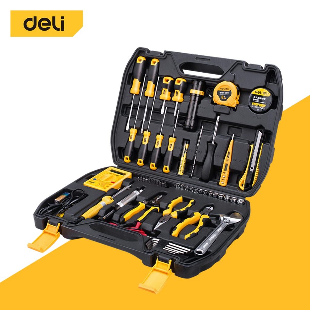 Deli กล่องเครื่องมือช่าง ชุดอุปกรณ์อเนกประสงค์ 50ชิ้น ช่างไฟฟ้า แข็งแรง ทนทาน กล่องพกพาได้  tool set
