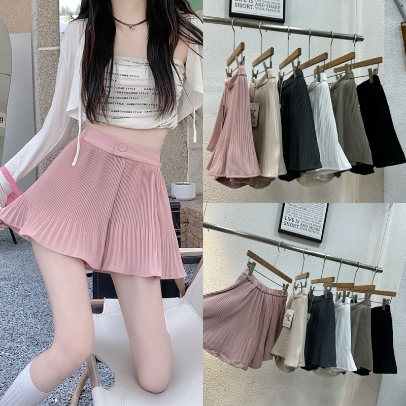 Lady_jeans#1016(K) กางเกงขาสั้น อัดพีช กระดุมหน้า ผ้าพริ้ว