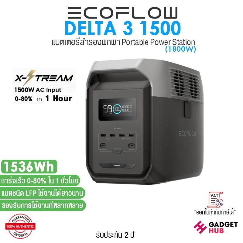 EcoFlow Delta 3 1500 แบตเตอรี่สำรองพกพา ความจุ 1536Wh Portable Power Station 1800W
