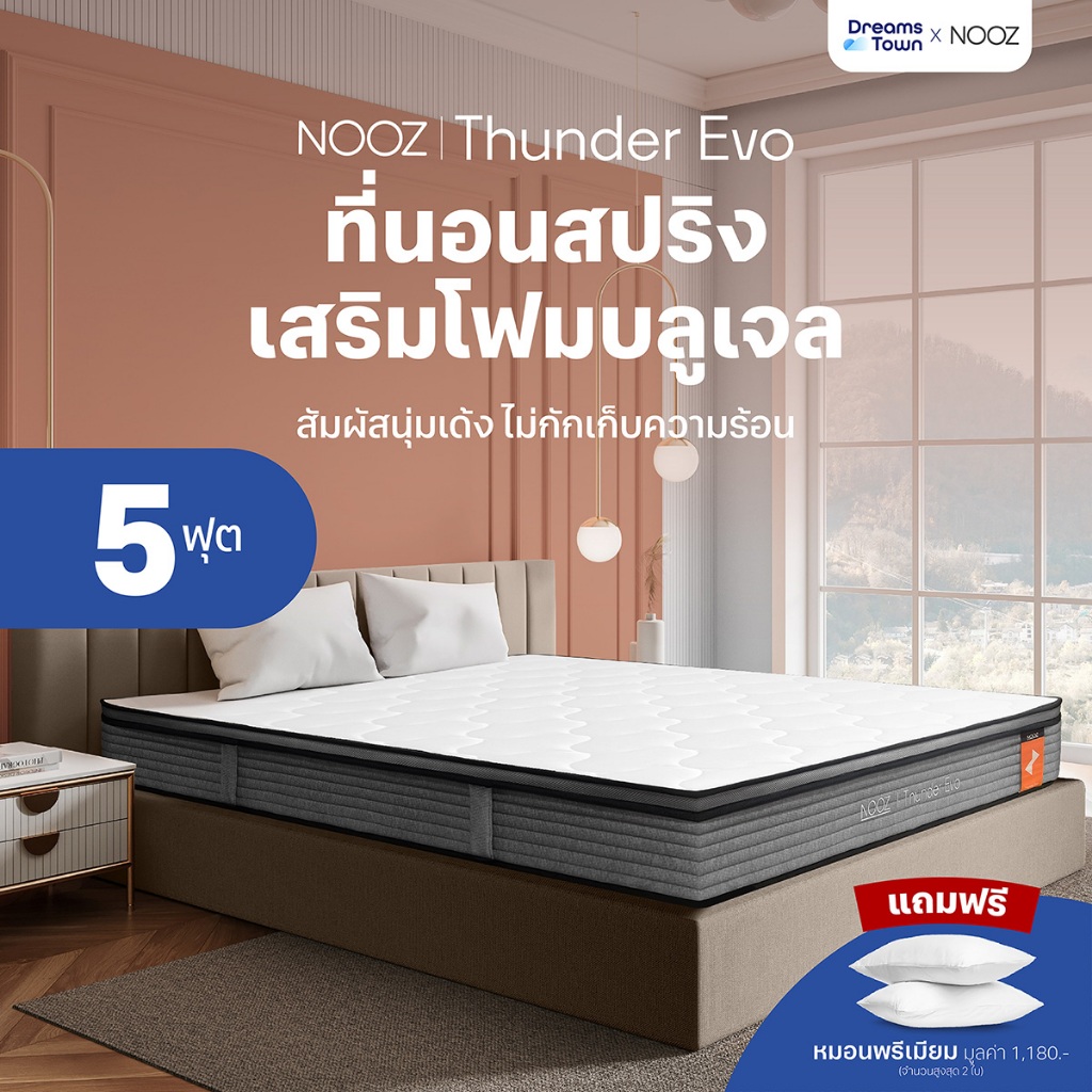 NOOZ ที่นอนสปริง เสริมโฟมอีโวคูล ผ้าหุ้มนุ่มไม่ระคายเคืองผิว สัมผัสนุ่ม เด้ง หนา 8นิ้ว ขนาด 5ฟุต รุ่น Thunder Evo