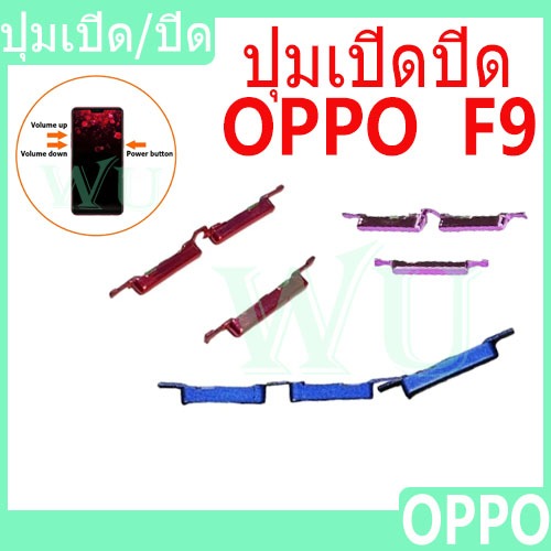 ปุ่มกดสวิทช์ด้านนอก OPPO F9 ปุ่มเปิดปิด ปรับระดับเสียงขึ้นลง ปุ่มลดเสียง ปุ่มเพิ่มเสียง ON OFF+VOLUME BUTTON