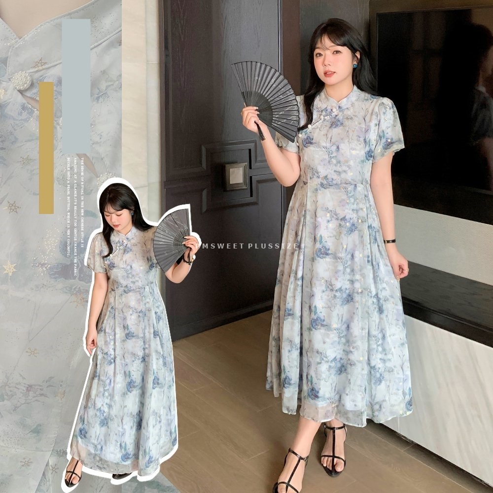 [ 🔥อกถึง 50" ] : PMP2356 : พรีออเดอร์ เสื้อผ้าไซส์ใหญ่ ชุดเดรสกี่เพ้าแบบยาวลายดอกคอจีนสไตล์ย้อนยุคแข