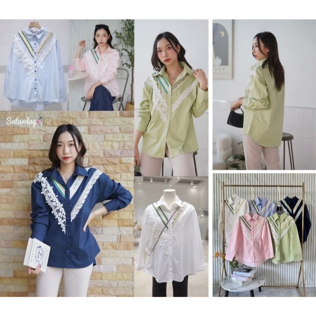 ป้าย Saturday เสื้อเชิ้ตคอปกแต่งอะไหล่เทปตัดต่อลูกไม้ อก 42 นิ้ว ยาว 26 นิ้ว