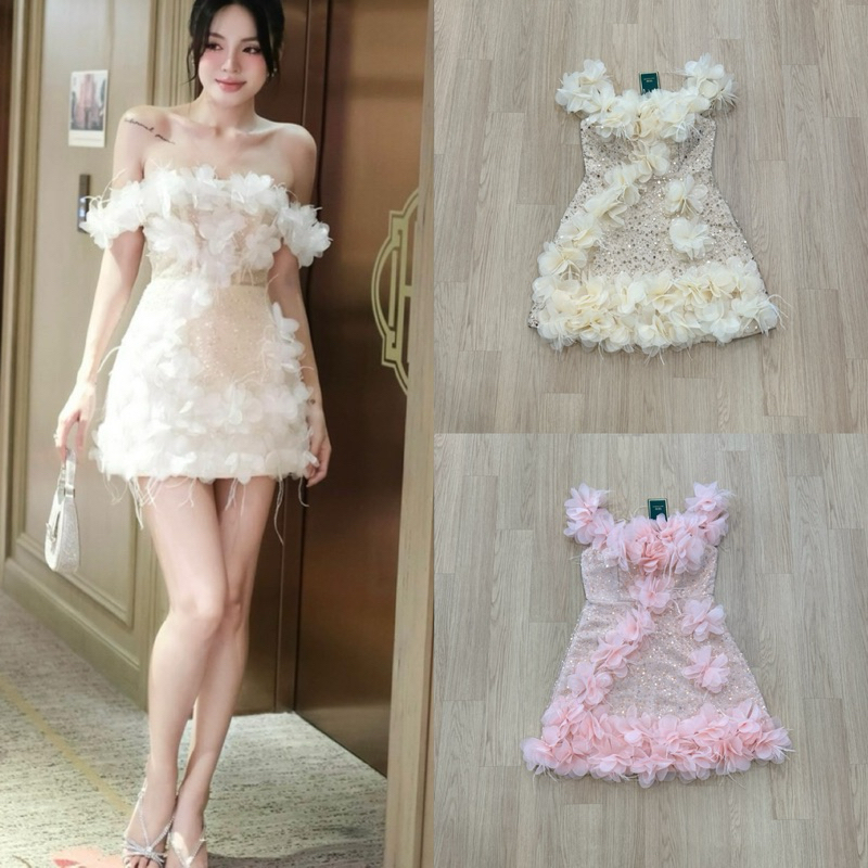 swan เดรสปาดไหล่ดอกไม้ 3D เนื้อผ้ามีความวิ้ง ติดมุกและผ้าหลอด ซับในครึ่งบนเป็นสีเนื้อ ใส่แล้วไม่โป๊