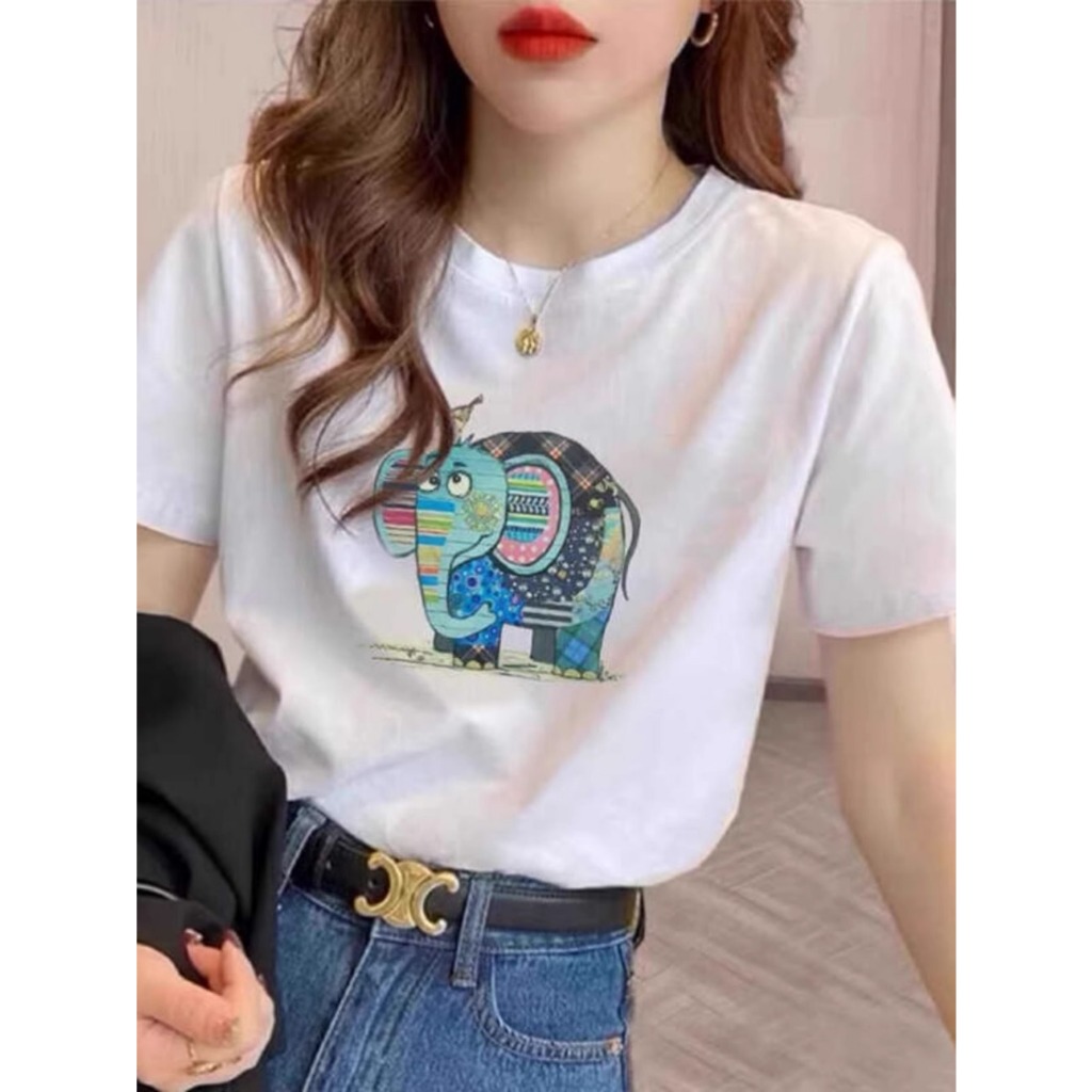 【ส่งจากไทย】เสื้อยืดแขนสั้นผ้าฝ้ายลายช้างสุดน่ารักสำหรับผู้หญิง ดีไซน์ไม่ซ้ำใคร ใส่ได้ทุกโอกาส