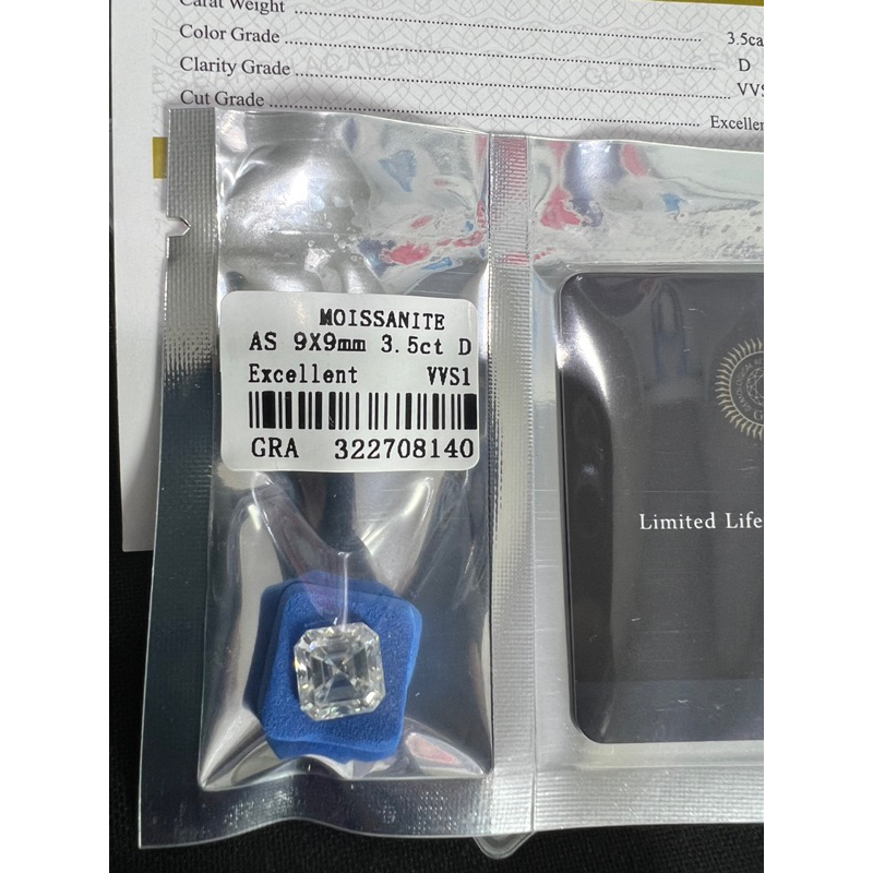 (1 เม็ด น้ำหนัก 3.50 กะรัต ) เพชร  โมซาไนท์ GRA Certified Mois Moissanite ASSER 9X9 mm( white D- Col
