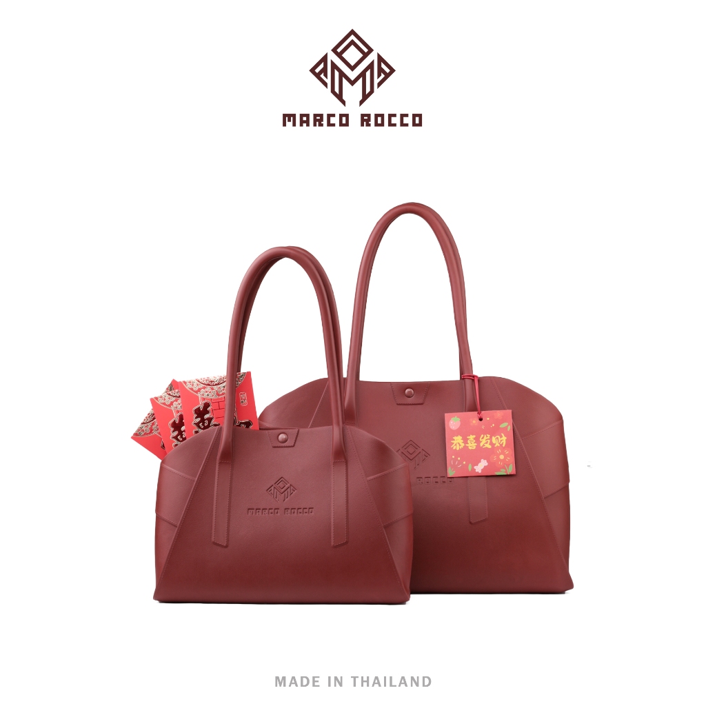 Marco Rocco กระเป๋าสะพายไหล่ผู้หญิง กระเป๋าถือ สีแดง ทรงโท้ท ฟรีพวงกุญแจสิงโตตุ้งแช่ EVA จุของได้เยอะ BR3001 และ BR3002