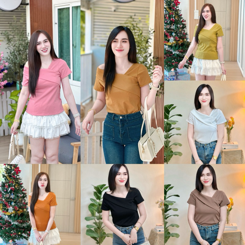 เสื้อยืดผ้ายูนิโคล่ แขนสั้น ปาดไหล่เฉียง น่ารักมาก สำหรับสาวๆ