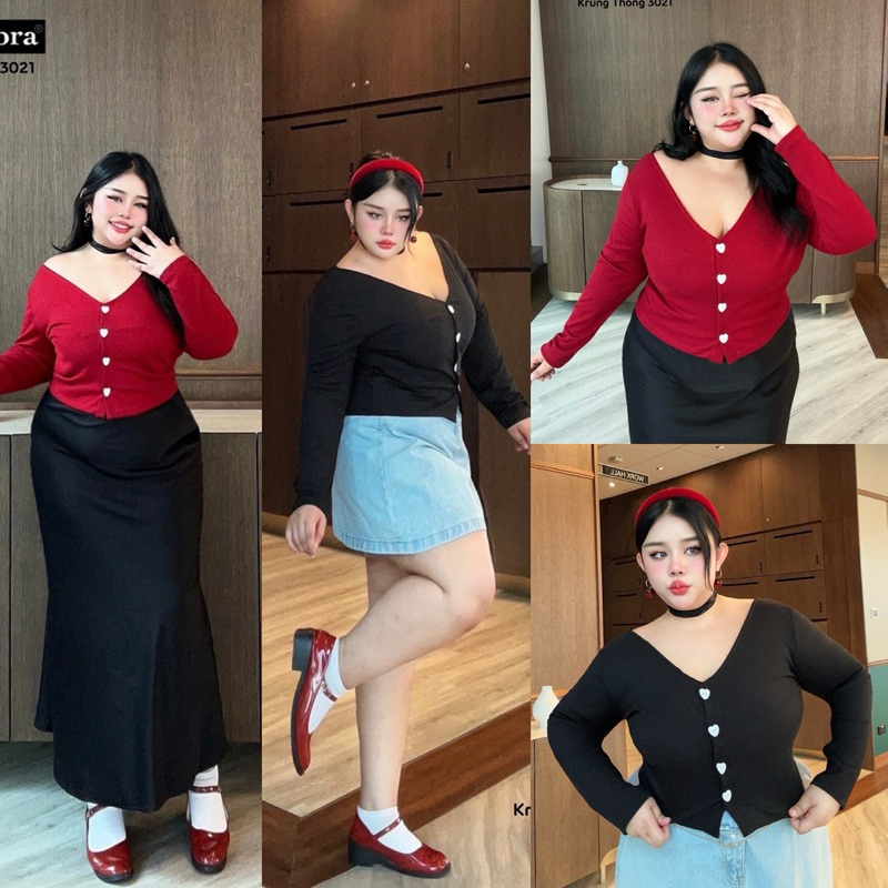 /TB/ เสื้อคาร์ดิแกน สาวอวบ กระดุมหัวใจ น่ารักล้นๆ #เสื้อผ้าไซส์ใหญ่ สาว อ้วน พลัสไซส์