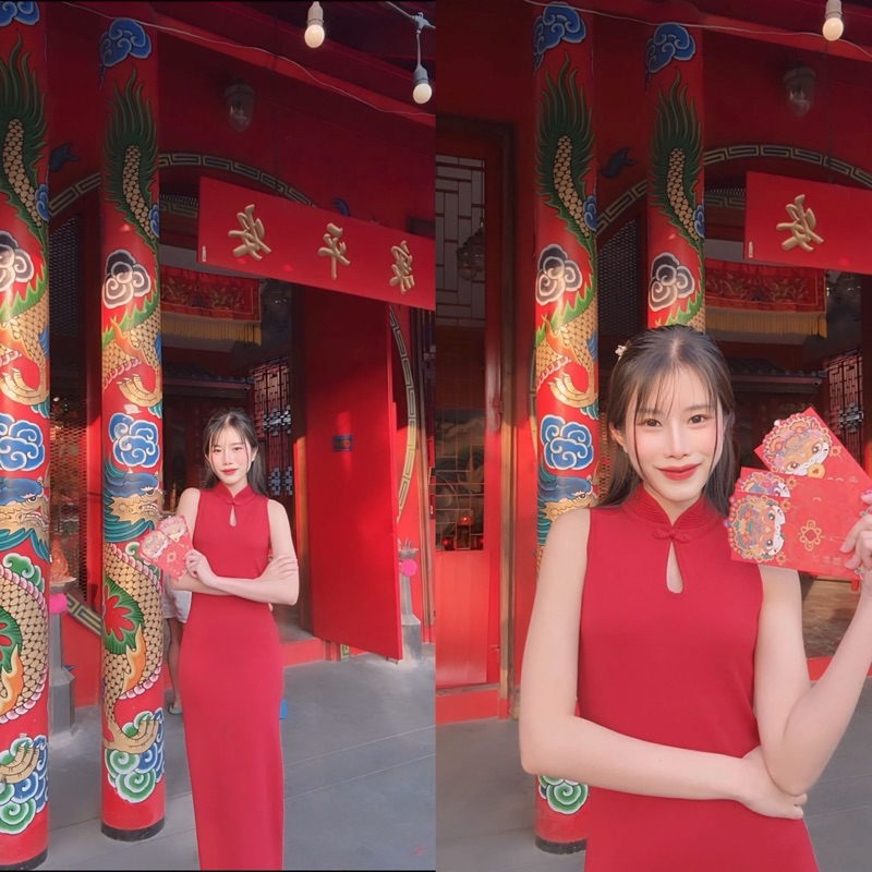 KANYA - Qí Páo Dress[7547] เดรสยาวไหมพรมคอจีน กระโปรงผ่าข้าง (19B) / (21B)