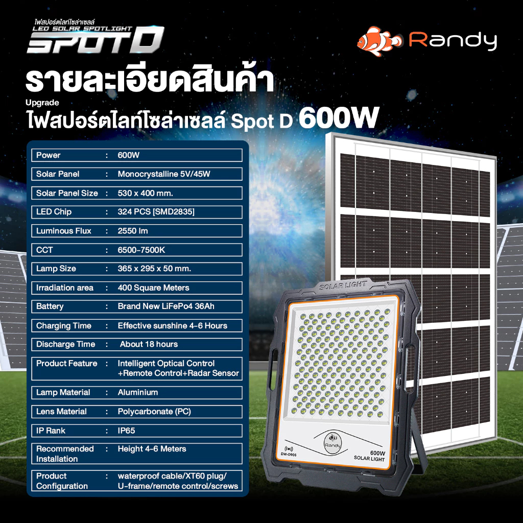 🔥สปอร์ตไลท์รุ่นดีที่สุด ฝนตกชาร์จได้ Randy Solar Light รุ่น Sport D กันน้ำ