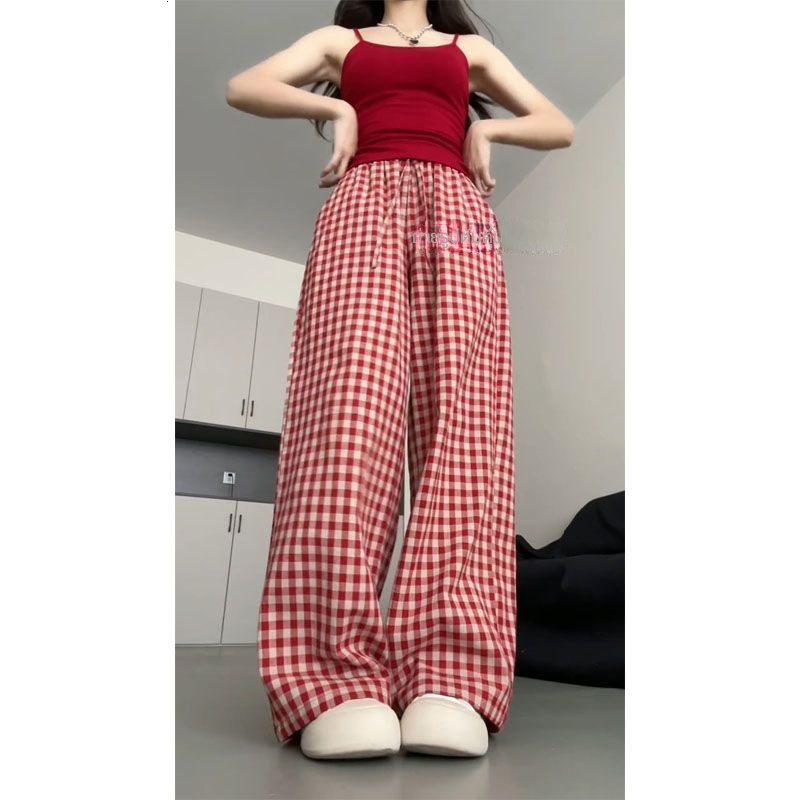 2024 ผ้าม่านเอวสูงใหม่, หลวมและผอม, บุคลิกลําลองและขี้เกียจ, กางเกงลายสก๊อตย้อนยุคสีแดงขากว้างตรงสําหรับผู้หญิง - รูปที่ 5