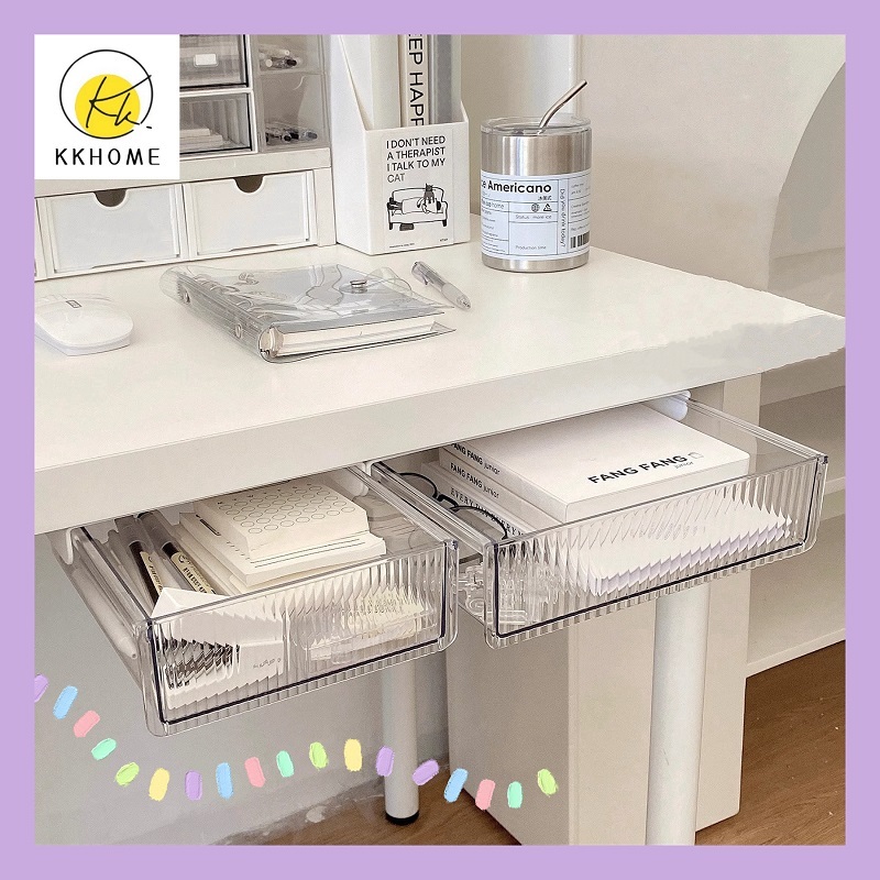 KKHOME กล่องเก็บของ ลิ้นชักใต้โต๊ะ กล่องพลาสติกใส ติดตั้งง่าย ลิ้นชักติดใต้โต๊ะ ลิ้นชักอเนกประสงค์