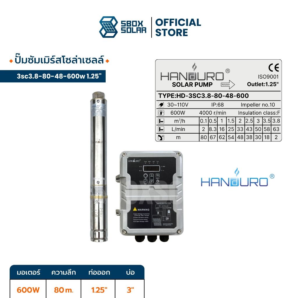 ปั้มบาดาล ปั้มซัพเมิร์สโซล่าเซลล์ Handuro 600w 48V ขนาด 3 นิ้ว ท่อน้ำออก 1.25 นิ้ว