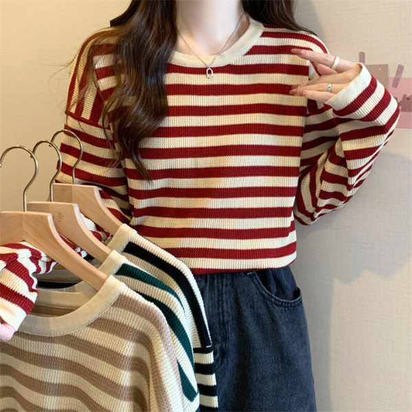 (0581) เสื้อแขนยาว คอกลม ลายทาง ผ้าไหมพรมถัก เสื้อกันหนาวแขนยาว Women Lady Clothing เสื้อยืดแฟชั่นผู้หญิง