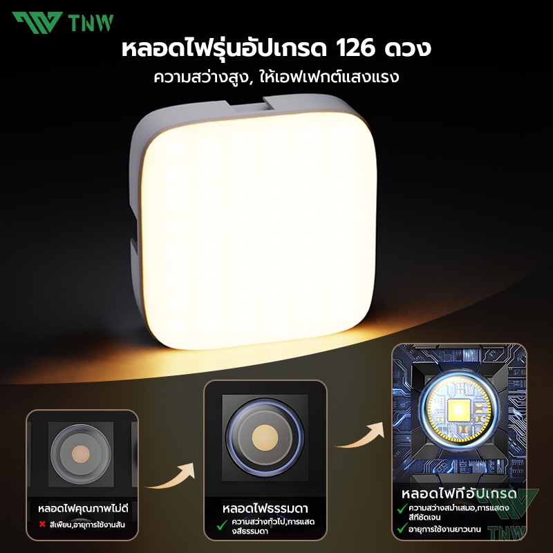 TNW DC06 ไฟดาราพกพา ไฟวิดีโอ LED แบบชาร์จไฟ ปรับแสงด้วยการหมุน 3000K - 9000Kไฟสตูดิโอถ่ายภาพโคมไฟ สำหรับ YouTube/Vlog