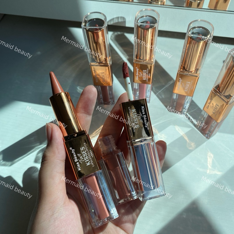 🔴ของแท้✨ลิปสายฝอ 2in1 ปากฉ่ำ โทนน้ำตาล เนื้อแมทต์ ครีมมี่ ลิป2หัว lip kiss beauty 3.6G