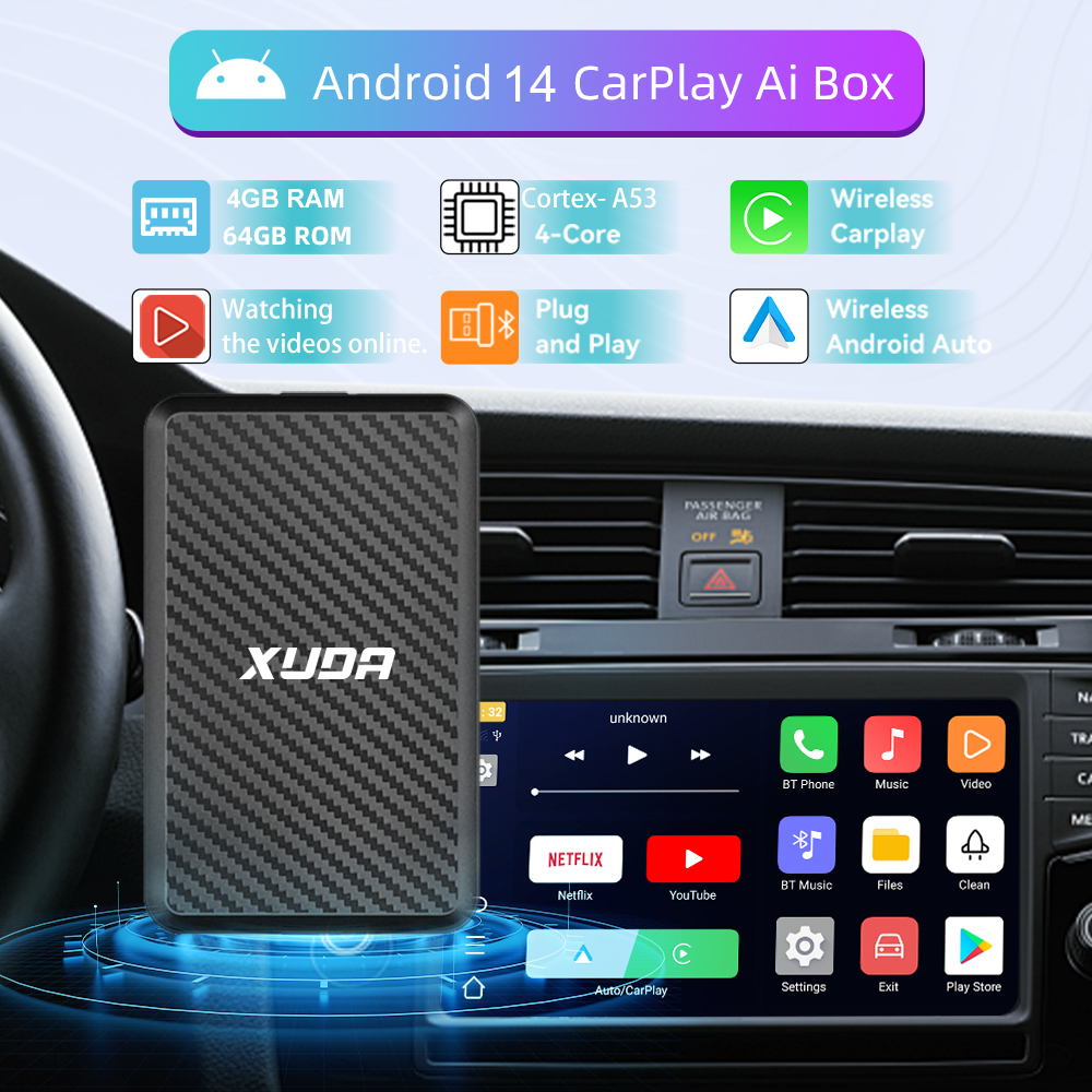 2025 high-end XUDA Carplay AI กล่องไร้สาย CarPlay พร้อมระบบ Android 14, 4 + 64GB ดาวน์โหลดฟรีซอฟต์แว