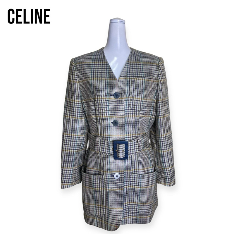 Celine collarless jacket 1990-2000s เสื้อแจ็คเก็ตผ้าวูลลายสก็อตพร้อมเข็มขัด