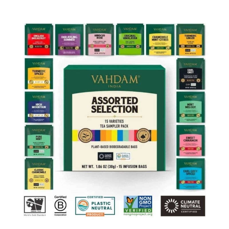 VAHDAM Tea Assortment Set, 15 Variants | ใบชาคุณภาพดีบรรจุในถุงพีระมิดพร้อมชง 15 รส