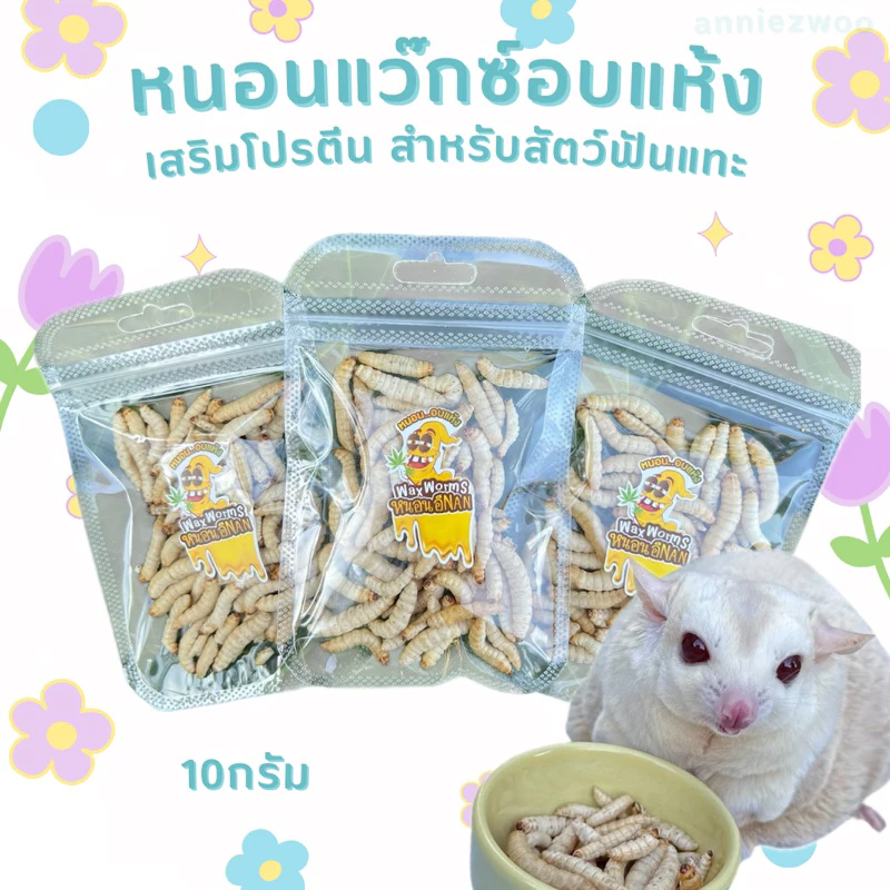 หนอนแว๊กซ์อบแห้ง (ฟรีซดราย) หรือหนอนน้ำผึ้งฟรีซดราย สำหรับชูการ์ไกรเดอร์ แฮมเตอร์ กระรอก เม่นแคระ ดอร์เมาส์