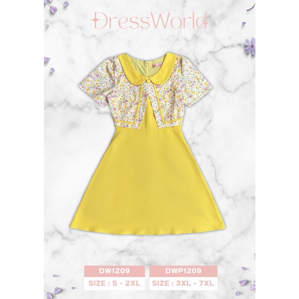 {S-7XL} 1209 งานป้าย Dress World เดรสสั้นลายดอก ทรงบาน คอปก ดูแพงมากๆ จ้า