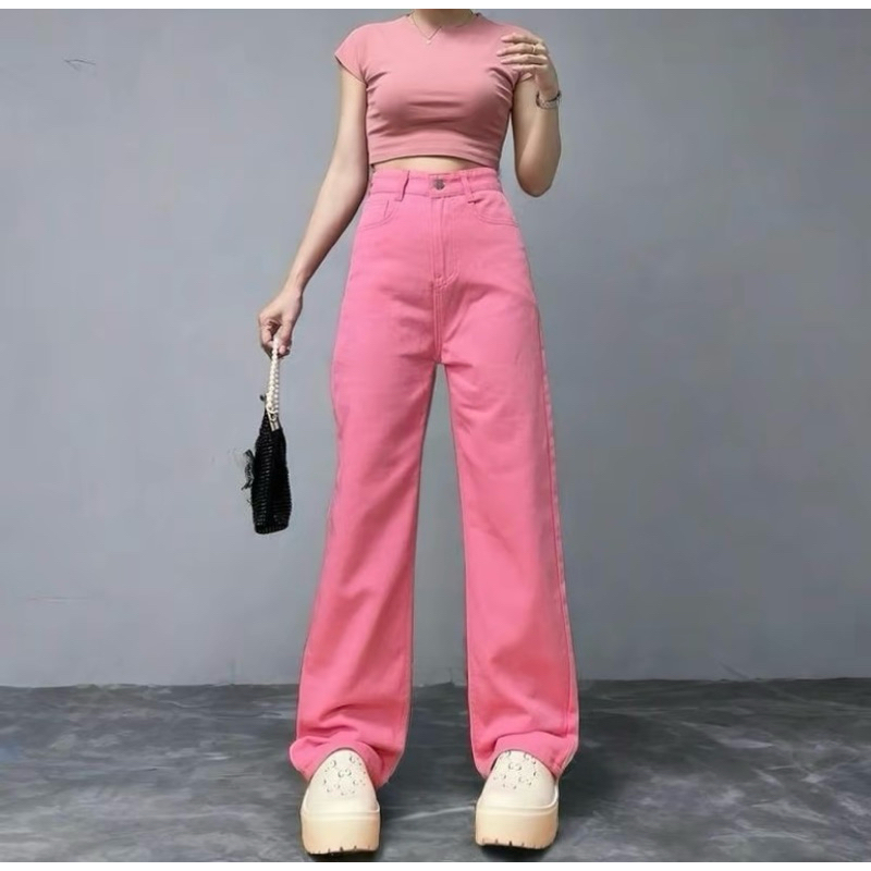 กางเกงยีนส์แฟชั่นสีชมพู NAMCHA